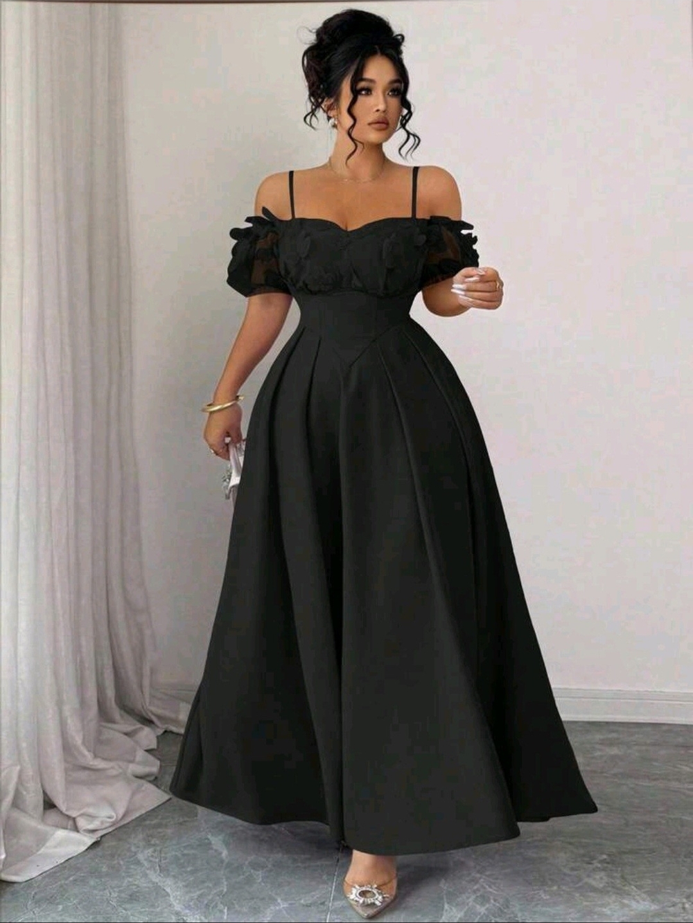 SHEIN Black Off-Shoulder A-Line Prom Gown